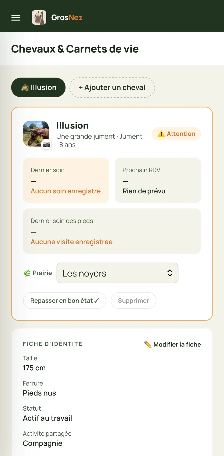 Le carnet de vie d'un cheval, dans l'application