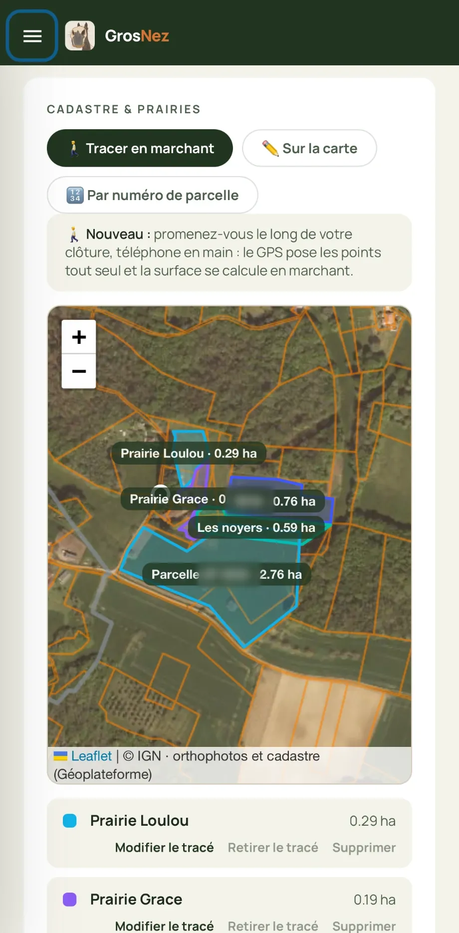 Les prairies tracées au GPS sur le cadastre